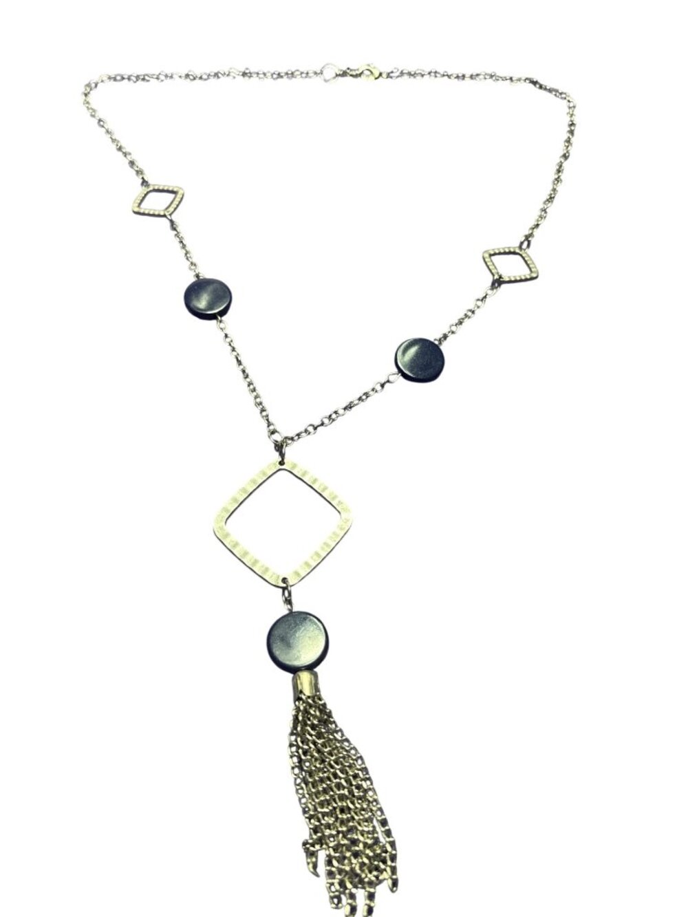 Silvertone Textured Geometric Necklace Navy Blue Plastic Station Beads Chain